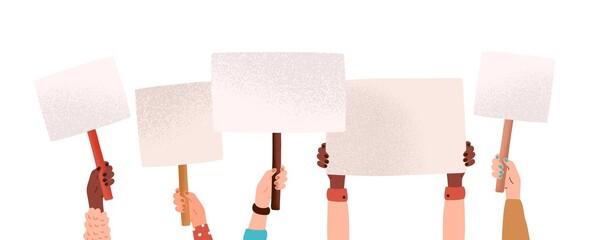 Hands of diverse woman hold empty banners with place for text vector flat illustration. Human arms at demonstration with placard isolated on white. Group of person with posters at protest meeting