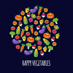 Happy cartoon cute vegetables . Organic food icons vector illustration.