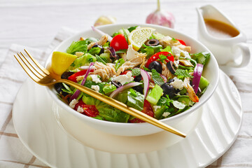 chicken meat, olives, red onion, veggies salad