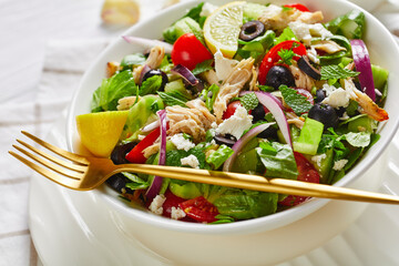 chicken meat, olives, red onion, tomatoes salad