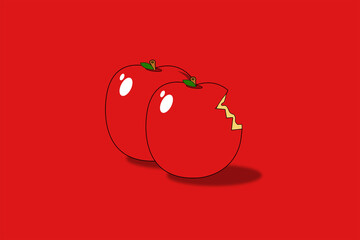 Ilustración de manzanas rojas mordidas con fondo rojo