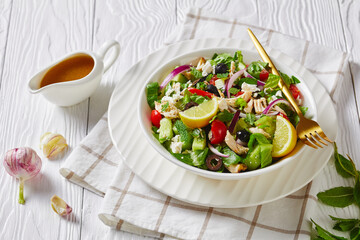 chicken meat, olives, red onion, tomatoes salad