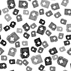 Black Medical prescription and pen icon isolated seamless pattern on white background. Rx form. Recipe medical. Pharmacy or medicine symbol. Vector Illustration.