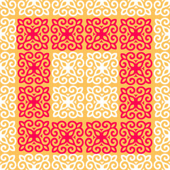Geometric seamless pattern with ethnic element. Kyrgyz and Kazakh ornaments. Texture for background; wallpaper; pattern fills; fabrics; gift wrapping; textile. Design Paper For Scrapbook. Vector.
