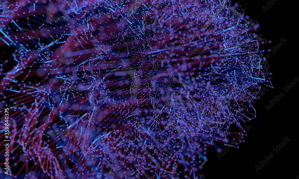 Poster 3D Rendering of abstract geometry dots and lines with blur filter effect. For artificial intelligence, big data processing, business technology background