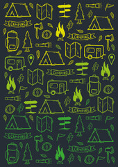 Summer camp. Camping hand draw doodle background. Vector illustration.