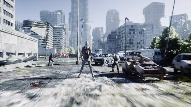 Terrible zombie in destroyed city. Zombie apocalypse concept. Realistic 4k animation.