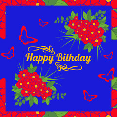 Naklejka premium Greeting card design template. Bright Flower card with butterflies. Floral card for greetings, printed products, holiday cards, Valentine's Day, wedding invitations. Vector illustration