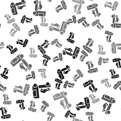 Black Car transporter truck for transportation of car icon isolated seamless pattern on white background. Vector Illustration.