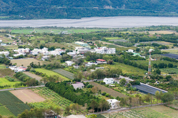 Fototapeta na wymiar Beautiful scenic view from Luye Highland hot air balloon area. a famous tourist spot in Luye Township, Taitung County, Taiwan.