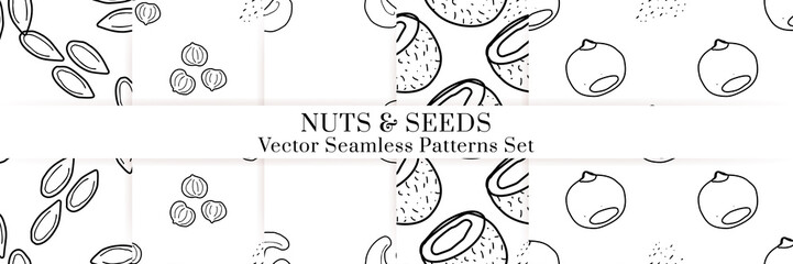 Nuts and seeds vector pattern. Outline hand drawn design