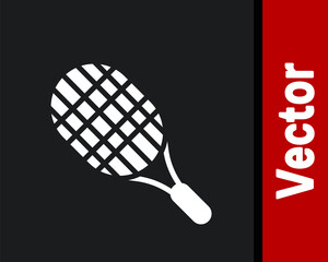 White Tennis racket icon isolated on black background. Sport equipment. Vector Illustration.