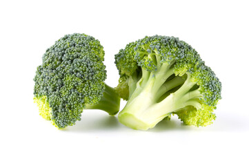Fresh two green tasty broccoli in closeup isolated on white background