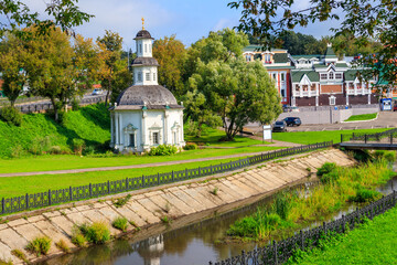 Chapel of the Pyatnitsky well on a bank of the Konchura river in Sergiev Posad, Russia