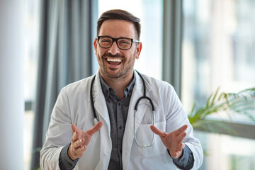 Video Chat with Patient by Doctor. Online Video Chat with Patient by Male Doctor, Camera View. Male...