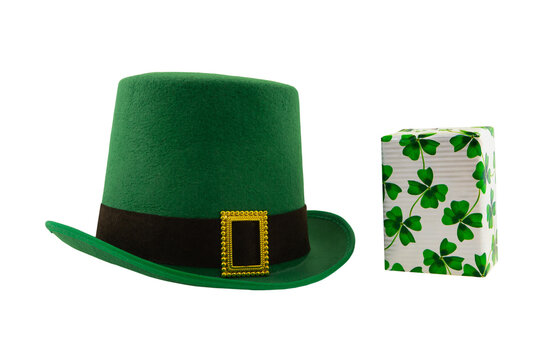 st patrick hat green and gift box with clover set on isolated festive design background