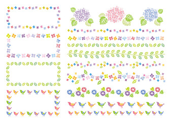 花と葉、小鳥の罫線とフレーム　グラフィック素材