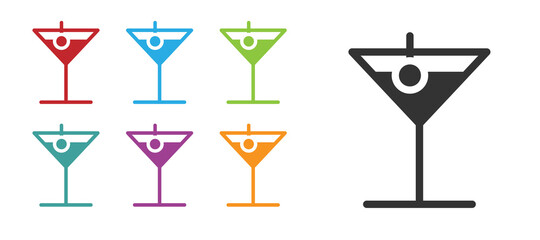 Black Martini glass icon isolated on white background. Cocktail icon. Wine glass icon. Set icons colorful. Vector Illustration.