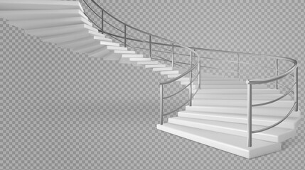 Spiral staircase, white stairs with railings isolated on transparent background. Helical round ladder with metal tube banisters and stone steps. Modern interior design Realistic 3d vector illustration