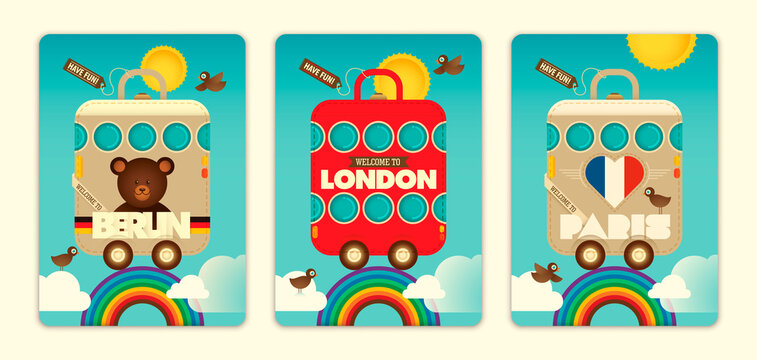 Set of traveling illustrations in comic style. Berlin - London - Paris. Vector illustration.