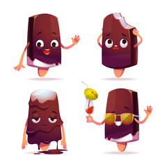 Popsicle ice cream character, funny eskimo pie with kawaii face expressing emotions, say hello, melting on heat, touching head with bitten off piece, wear sunglasses and drinking cocktail cartoon
