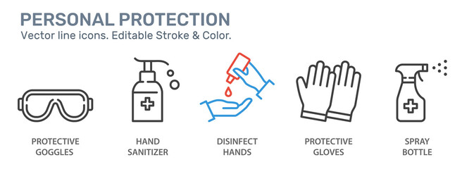 Personal protection line icons set. Black vector illustration. Editable stroke.