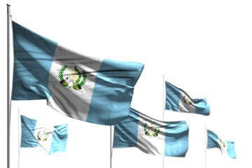 nice any feast flag 3d illustration. - five flags of Guatemala are waving isolated on white - image with bokeh