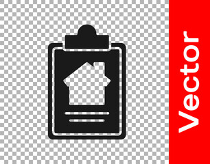 Black House contract icon isolated on transparent background. Contract creation service, document formation, application form composition. Vector Illustration.