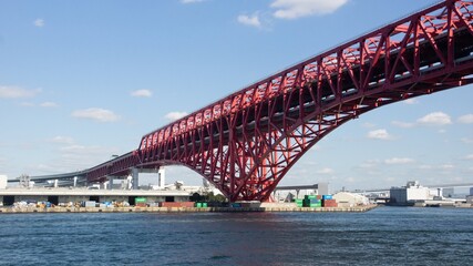 Red Minato Bridge in Osaka