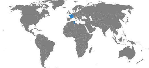 Tunisia, France countries isolated on world map. Light gray background. Business concepts, diplomatic, trade and transport relations.