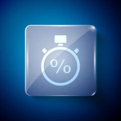 White Stopwatch and percent icon isolated on blue background. Time timer sign. Square glass panels. Vector Illustration.