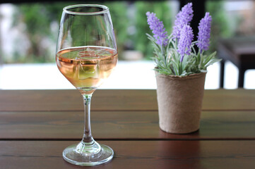 A glass of rose wine and potted decorative plant on the table outdoor