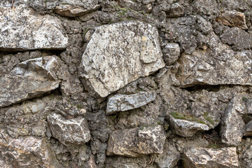 stone wall folded from solid cobblestone gray and weathered background base
