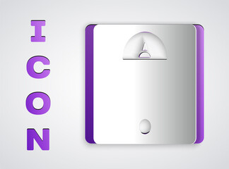 Paper cut Bathroom scales icon isolated on grey background. Weight measure Equipment. Weight Scale fitness sport concept. Paper art style. Vector Illustration.