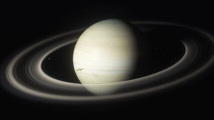 3d Illustration of Saturn and a spacecraft orbiting the planet and its ring system
