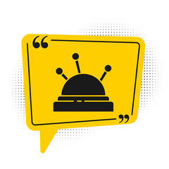 Black Needle bed and needles icon isolated on white background. Handmade and sewing theme. Yellow speech bubble symbol. Vector Illustration.