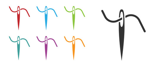 Black Needle for sewing with thread icon isolated on white background. Tailor symbol. Textile sew up craft sign. Embroidery tool. Set icons colorful. Vector Illustration.