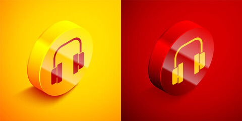 Isometric Headphones icon isolated on orange and red background. Support customer service, hotline, call center, faq, maintenance. Circle button. Vector Illustration.
