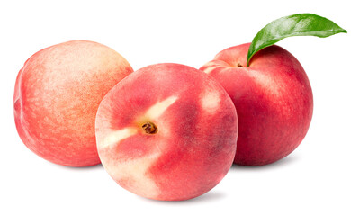 peach fruits with green leaf isolated on white background