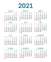 Pocket calendar layout for 2021 year. English template with dates grid on white background. Week starts from Sunday. Vertical annual calendar vector design for time organization and planning