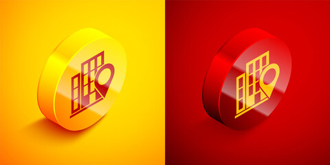 Isometric Map pointer with house icon isolated on orange and red background. Home location marker symbol. Circle button. Vector Illustration.