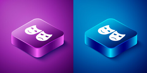 Isometric Comedy and tragedy theatrical masks icon isolated on blue and purple background. Square button. Vector Illustration.