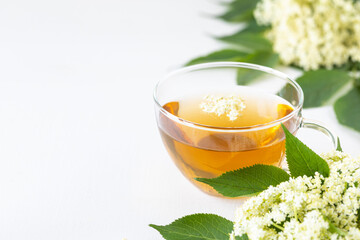 Tea and syrup from elderberry flowers Sambucus nigra on a white background. Copy space