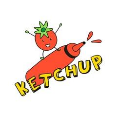 Ketchup. The tomato smiles and stands on the bottle with the sauce.