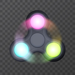 Led RGB lightning fidget spinner, hand gadget with colored sides spinning around of colors and glowing light effect. Metallic toys with ball-bearings for relaxation, meditation, entertainment.