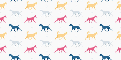 Seamless pattern with different dog breeds on a light background.