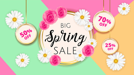 Big Spring sale banner template with camomiles and rose flower on geometric background and gold frame. Spring offer ads for e-commerce, on-line cosmetics shop, fashion beauty shop, store. Vector.