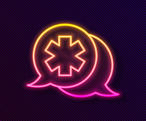 Obraz premium Glowing neon line Dialogue with the doctor icon isolated on black background. Doctor and patient dialog. Consulting about medical health services. Vector Illustration.
