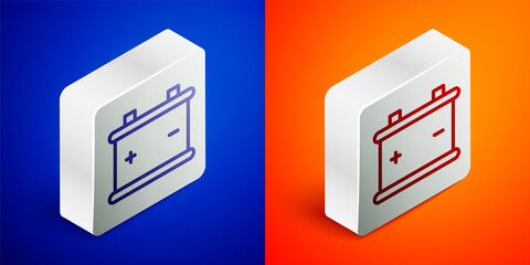 Isometric line Car battery icon isolated on blue and orange background. Accumulator battery energy power and electricity accumulator battery. Silver square button. Vector Illustration.