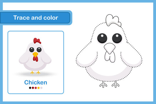 Drawing and vocabulary worksheet, Trace and colour : Chicken